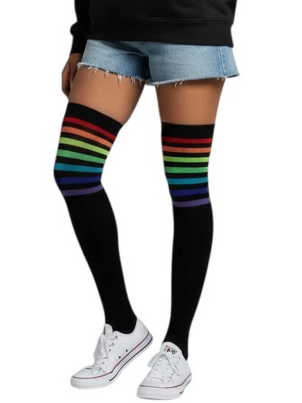 Black Multicolor Striped Over the Knee Socks
